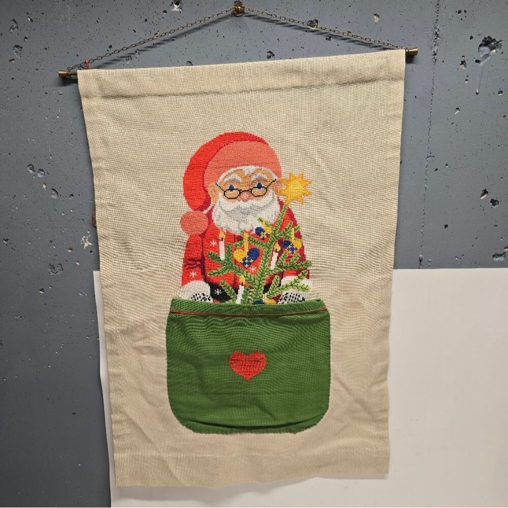 Vintage Swedish Embroidered Santa Claus With Stocking Pocket Christmas Banner